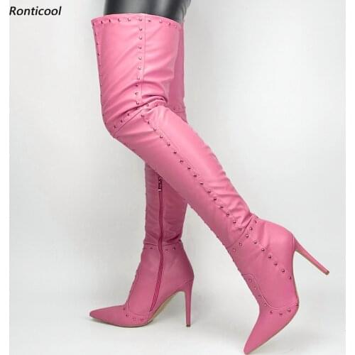 Ronticool Handmade Women Winter Thigh Boots Sexy Studs Stiletto Heel Pointed Toe Nude Pink White Grey Club Shoes Us Size 5-15