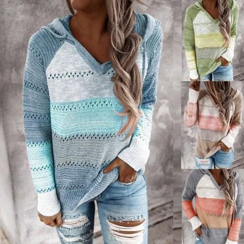 2020 Autumn Patchwork Sweater Women Casual Striped Hooded Knitted Sweater Tops Fashion Long Sleeve V-Neck Female Pullover Jumper