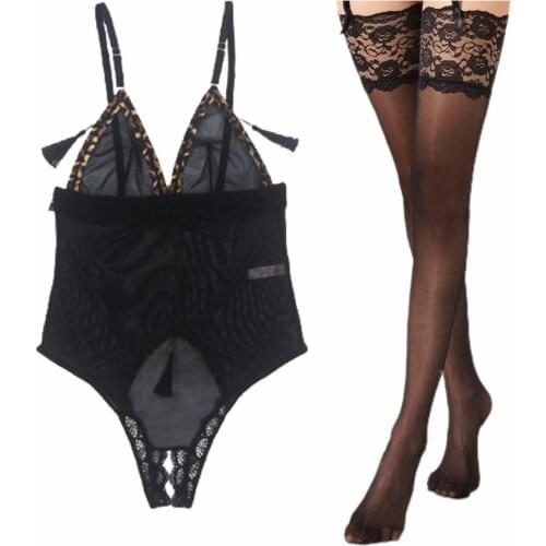 Women Deep V Lingerie Lace One Piece Bodysuit Chemise Sleepwear with Stockings
