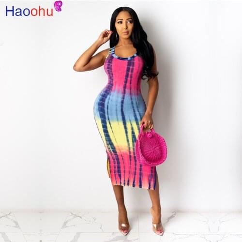HAOOHU tie dye print women sexy sleeveless side split high waist bodycon midi dress party beach knee length dresses vestidos