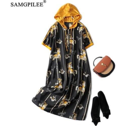 Summer 2021 New Fashion Hooded Retro Print Zipper Pullover Knee Length Pockets Thin Chiffon Elegant Plus Size Dresses Women 4XL