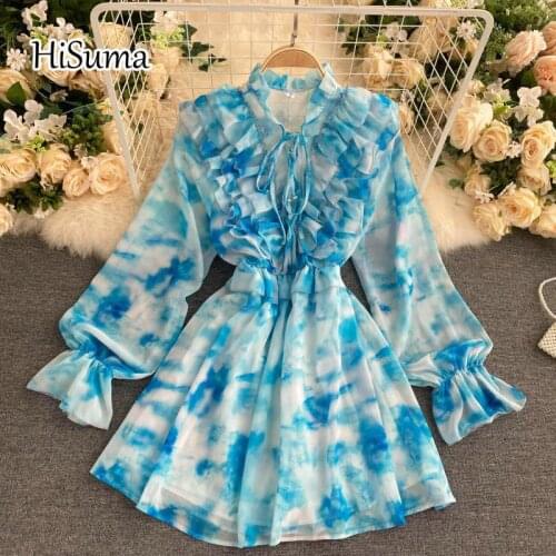 2020 autumn new women deep V collar print puff sleeve Drawstring ruffles chiffon dress female vintage elegant A-line dresses