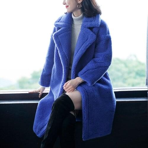 Winter Women High Quality real lambswool Fur OverCoats Luxury long casual Thick Warm Plus Size Female 2019 blue free ship