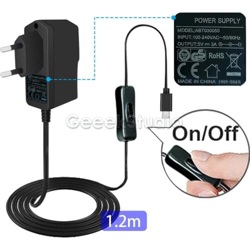 5V 3A Power Supply Adapter with Switch-on/off Cable EU / US / UK Plug Charger Cable for Raspberry Pi 4B / 3B / 3B+, 3B Plus