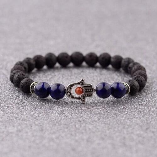 Amader Ethnic Natural Lapis Lazuli&Lava Stone Fatima Hand Shape Evil Eye Bracelet Bracelets&Bangles For Men Women Gift AB289
