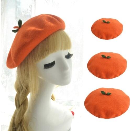 Women Kids Winter Faux Wool Stretchy Beret Cap with Cute Green Leaves Japanese Kawaii Cartoon Orange Fruit Painter Hat