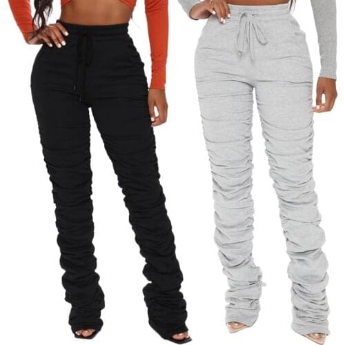 Black Gray Color Pleated Stacked Sweatpants for Women Elastic Thick Stacked Leggings Pants High Waist Trousers Bell Bottom Pants