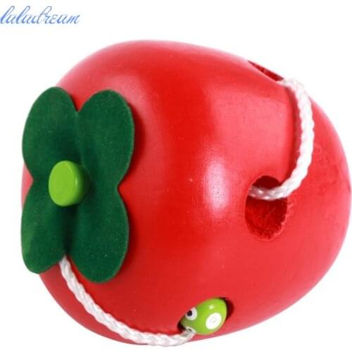 Wooden apple and bug Threading Games Toys Hand Eye Coordination Fine Motor Skills Development montessori materials