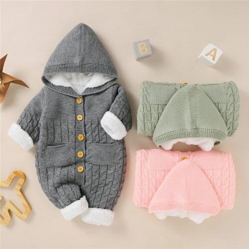 0-18 Months Winter Thick Warm Unisex Baby Hooded Jumpsuit Infant Girls Boys Solid Color Long Sleeve Button-Down Knitted Romper