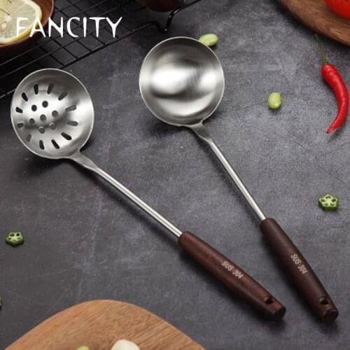 FANCITY Stainless steel wooden handle soup spoon colander household kitchen utensils anti-scalding thickened long handle