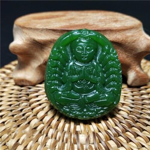 Chinese Green Jade Thousand-hand Bodhisattva Pendant Jewelry Fine Jewelry Lucky Auspicious Safety Charms Necklace Jade Pendant