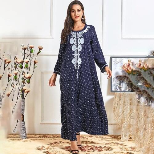 Muslim dress Fashion autumn heavy industry embroidery womens temperament printing splicing casual skirt Abaya Dubai Dresses