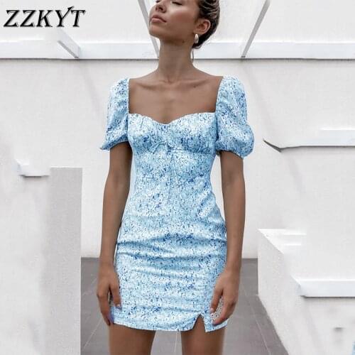 MXTIN 2021 Womens Vintage Spring Floral Print Mini Dress Fashion Square Collar Puff Sleeve Female Slim Party Dresses Vestido