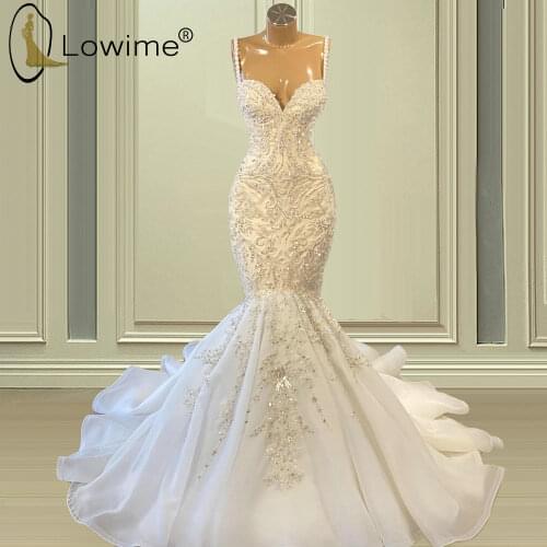 Spaghetti Straps Ivory Organza Mermaid Wedding Dresses 2021 Elegant Sequin Beads Bridal Gowns Custom Made