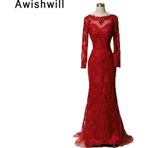 Charming Beading Appliques Tulle Mermaid Red Color Long Sleeve Women Dress Vestidos Longos Formal Evening Gowns Dresses 2020
