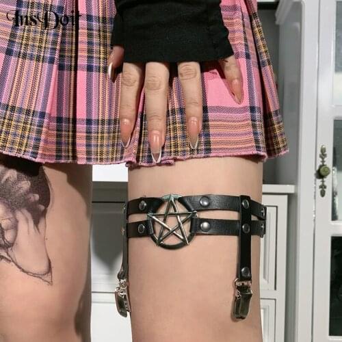InsDoit Punk Pentagram Leather Garters Leg Ring Revits Garters Women Harajuku Fashion Streetwear Stretchy Leg Rings Mall Goth