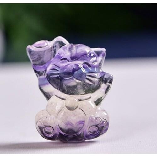 Natural Rainbow Fluorite Carved Cat Crystal Statue Wicca Mineral Crystal Stone Table Holiday Gift