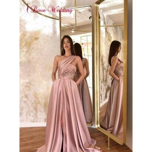 Sexy One Shoulder Prom Dress Pink Satin Pleated Formal Gown Custom made A Line Front Split Prom Gown for Party Occasions