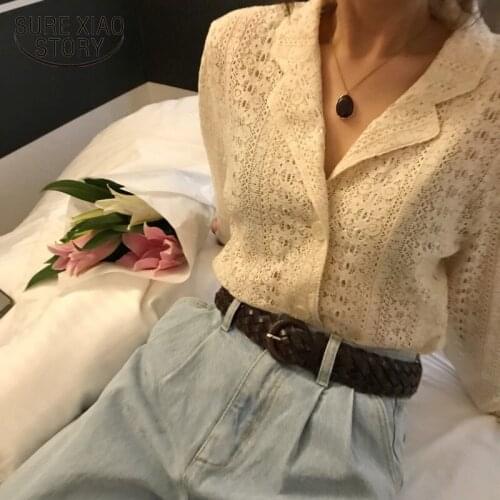 Long Sleeve Lace Blouses Women Hollow Out Cardigan Korean Tops Woman Blouses Loose Notched Collar Coat Solid Chic Blusa 9952