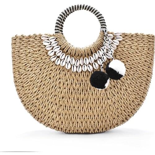 Woman Fashion New Creative Shell Moon Straw Bag Scarf Hair Ball Decoration Straw bag Portable Woven Beach Handbag