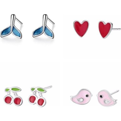 Kinitial Fashion Cherry Earrings for Women Kid Girl Geometric Fruit Bird Heart Stud Earrings Charm Jewelry Wholesale Orecchini