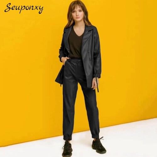 High Quality 2021 Autumn/Winter Pu Leather 2 Two-Piece Set Sexy Lace-Up Suit Jacket + High Waist Corset WomenS Fashion Set