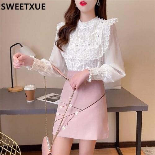 SWEETXUE 2021 Fashion Spring New Temperament Lady Cute Kawaii Chiffon Lace Shirt Embroidered A-line Skirt Two-Piece Suit Womens