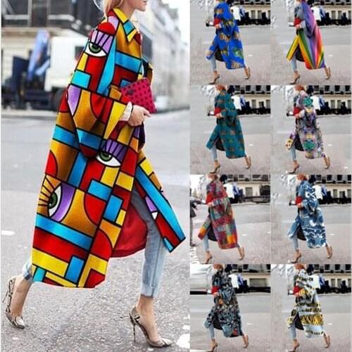 OMILKA Geometric Printed Trench Coat 2020 Autumn Winter Women Long Sleeve Contrast Color Trench Coat Casual Loose Outwear
