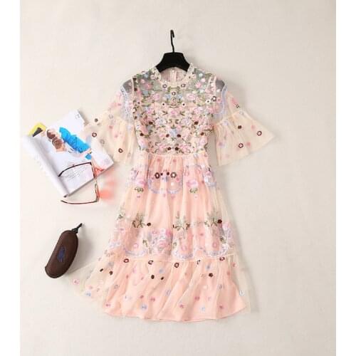 2021 Long Dress Spring Summer Dress Crew Neck Short Sleeve Embroidery Black Pink Mesh Fashion Womens Clothes