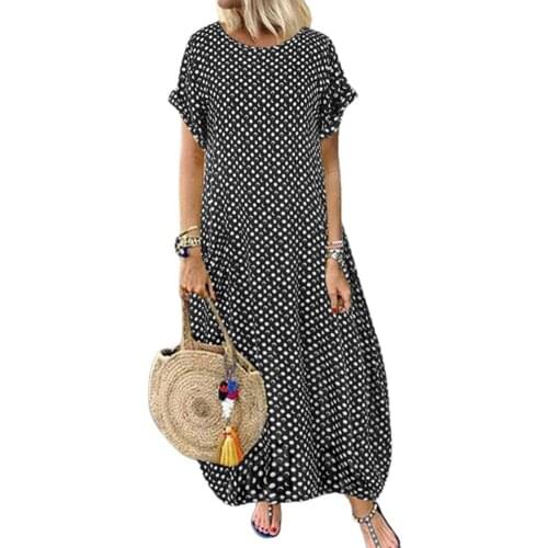 2021 elegant Women Dress Dot Print Loose Summer Round Neck Short Sleeve Dress for Daily Wear Black xxxxl платье летнее