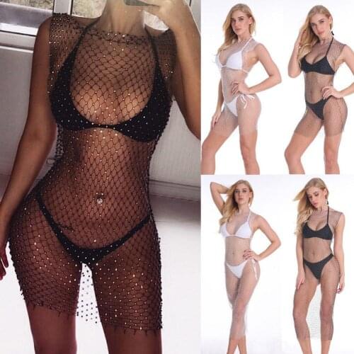 Womens Summer Sexy Erotic Lingerie Lace Fishnet Bikini Cover Up Swimwear Bathing Suit Beach Dress Sequins Mesh Cover-Ups