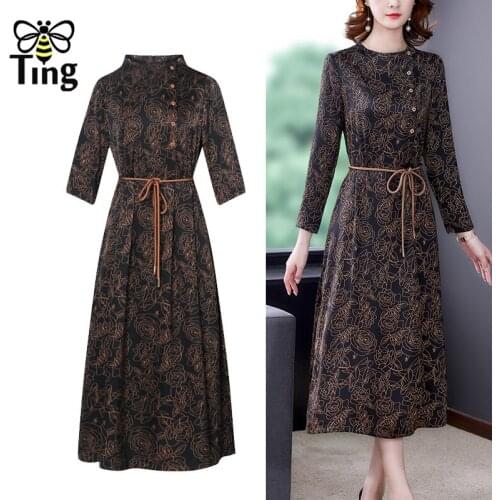 Tingfly Vintage Elegant Rose Flower Print Women Retro Black Straigth Midi Long Dress with Belt Lady Large Size Veastidos Robe Za