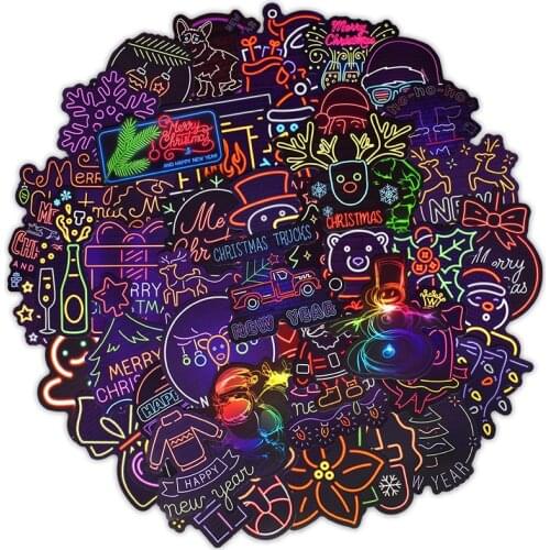 50PCS Neon Style Christmas Wall Stickers Decor Living Room Window Santa Elk Cute Waterproof Decorative Sticker DIY Fridge Kettle