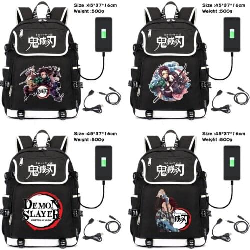 Anime Demon Slayer Kimetsu no Yaiba Canvas Backpack Teenagers Zipper Schoolbag Boys Girls USB Charging Cartoon Travel Laptop Bag