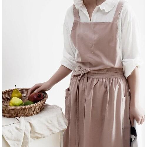 Women Cotton Linen Bib Apron Japanese Style Sleeveless Pinafore Home Kitchen Coffee Cooking Florist Aprons Waterproof Dress
