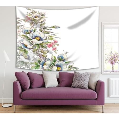 Tapestry Wild Bouquet of Flowers Blossoms on White Background Vintage Painting Style Floral Artwork Green White Blue