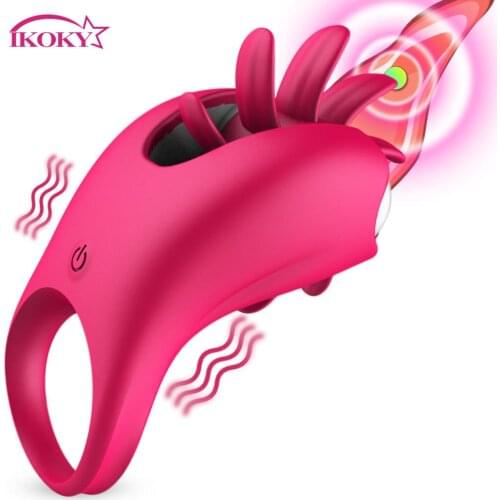 IKOKY G-spot Massage Cock Ring Tongue Licking Rotation Oral Vibrator Penis Ring Vagina Clitoris Stimulate Sex Toys