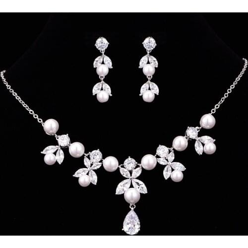 New Arrival Flower Pearl Drop Cubic Zirconia Necklace Earrings Set Bridesmaid Jewelry Sets Wedding Accessories CZE-6206