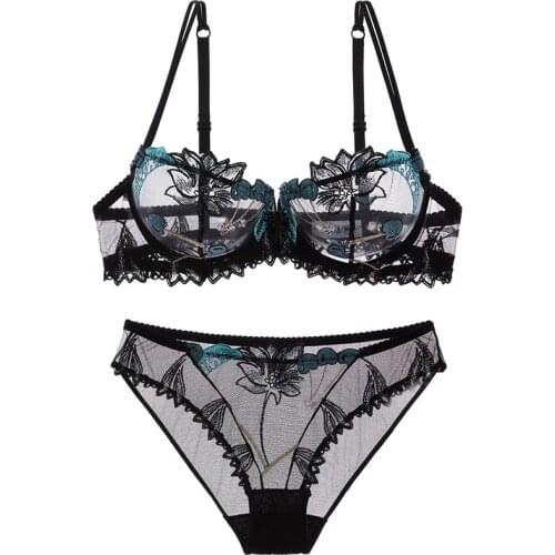 Womens Big Size Transparent Floral Embroidered Underwire Bra & Panty Lingerie Ultra-thin Bra Set 32 34 36 38 B C D