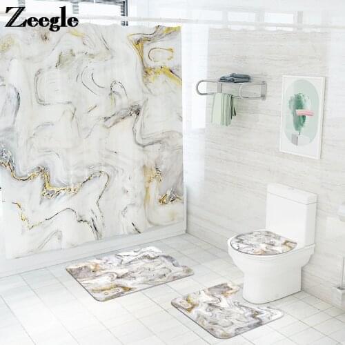 Bath Mat and Waterproof Shower Curtain Set Marble Print Toilet Mat Set Absorbent U-Shaped Toilet Rug Anti-slip Floor Carpet Rug