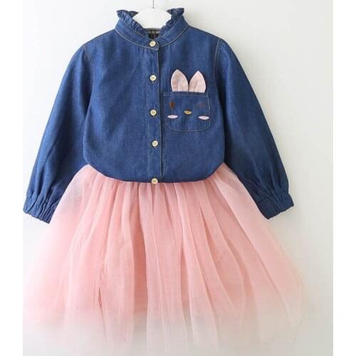 Cute Toddler Girls Denim Clothing Sets For Girl Jeans Tops + Mesh Skirt Baby Casual Set Childrens Tracksuit Kids Clothes Suit