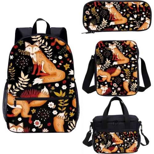 Catroon Cute Fox Print School Bags 4 Pcs Teenager Back Pack Boy and Girl Bagpack Back to School Gift Backpack Set Customized