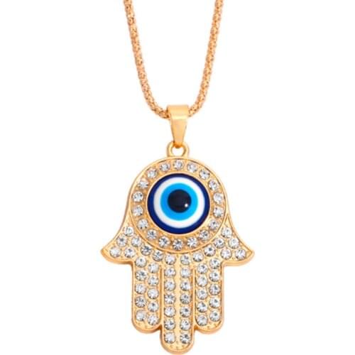Hamsa Hand Necklace Gold Color Alloy Evil Eye Pendant Chain Hip Hop Turkish Lucky Jewelry for Women Girlfriend Gift
