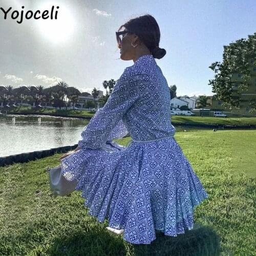 Yojoceli Sexy print short casual dress shirt women Beach autumn mini female dress Elegant vintage sashes button dress vestidos
