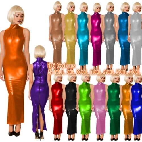 Faux Leather Sleeveless Zipper Dress Women Sexy Back Split Long Vestidos Nightclub Bodycon Clubwear Multi Colors Novelty Dress
