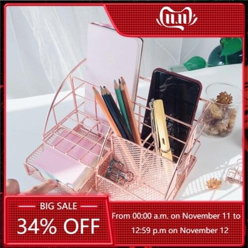 Rose Gold Desktop Storage Box Desk Magazine Rack with Pen Holder, Handmade Metal File Office Organizer Paper Tray Drawer Stor