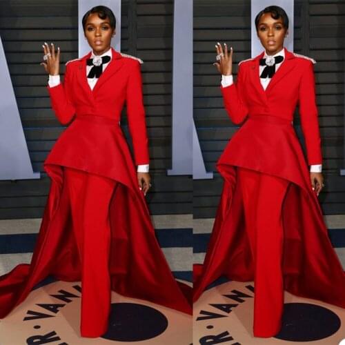 Luxury Red Jumpsuits Prom Dresses African Satin Ruffles Long Sleeve Evening Dress Plus Size Formal Gowns