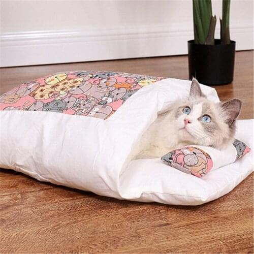 Removable Cat Bed Winter Warm Cat Sleeping Bag Deep Sleep Pet Dog Bed House Cats Nest Cushion with Pillow