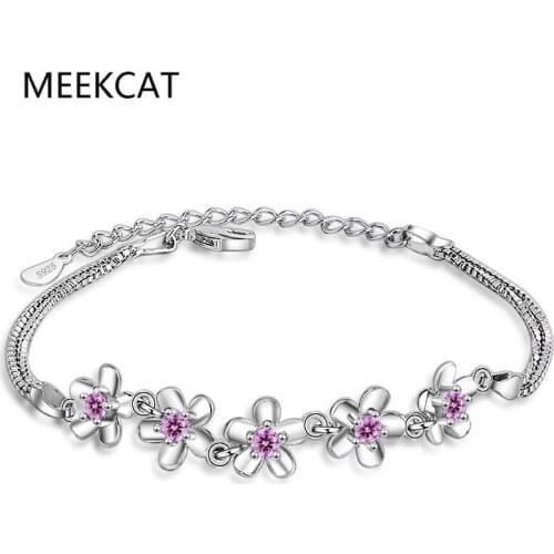 Sweet Pink Zircon Sakura Flower Charm Bracelets For Women INS 925 Sterling Silver Bracelet Wedding Party Jewelry 2020