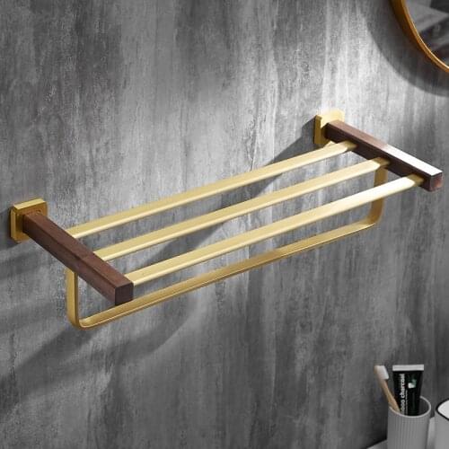 Bathroom Towel Racks/Bars Aluminum & Wood Bath Hardware Holder Brushed Gold Wall Mounted Shelf Nail Punched Fixed 60CM